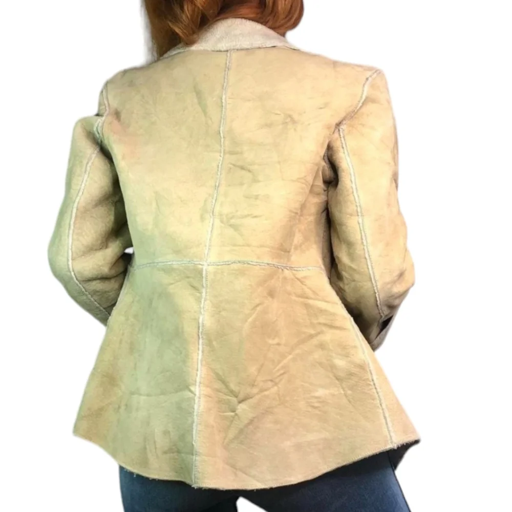 Vintage Y2K Guess Leather Jacket Patchwork Faux Sheepskin Fur Lined Tan Beige - Picture 4 of 13